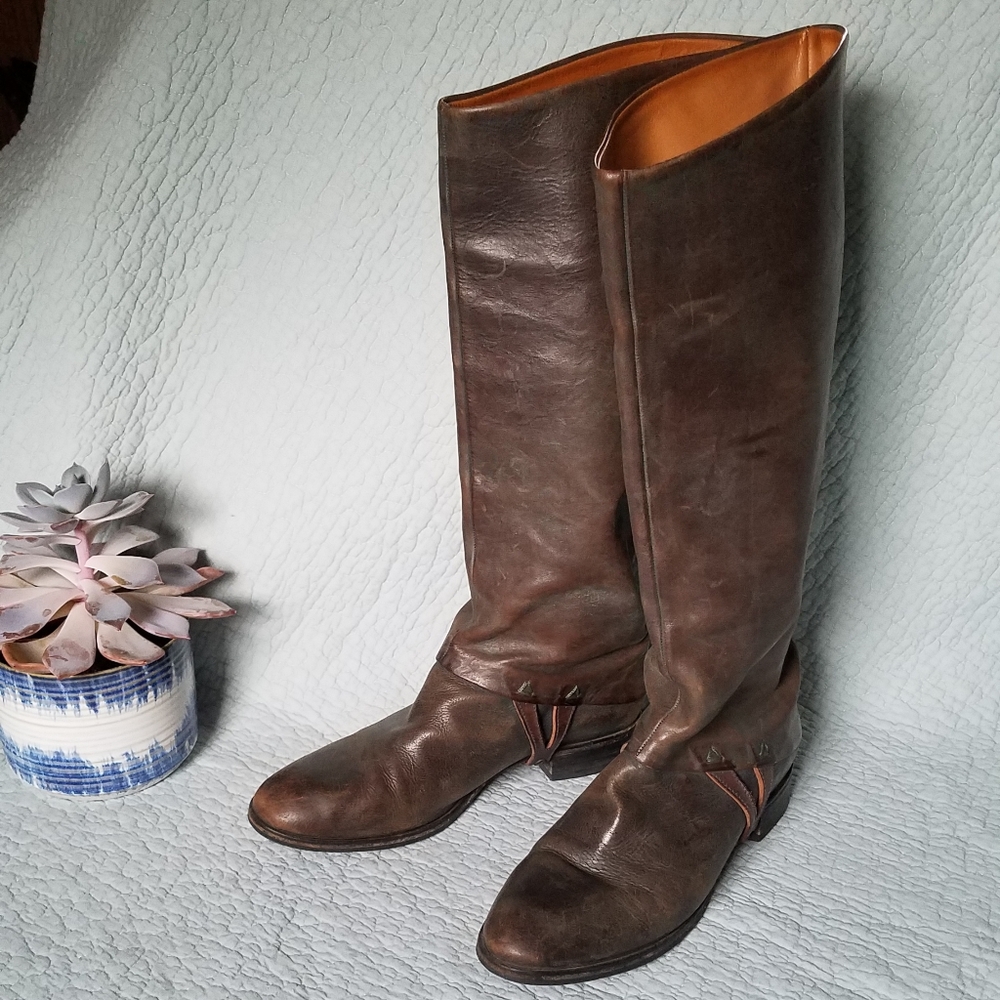 Coclico genuine leather tall riding boots low heel vintage-looking patina